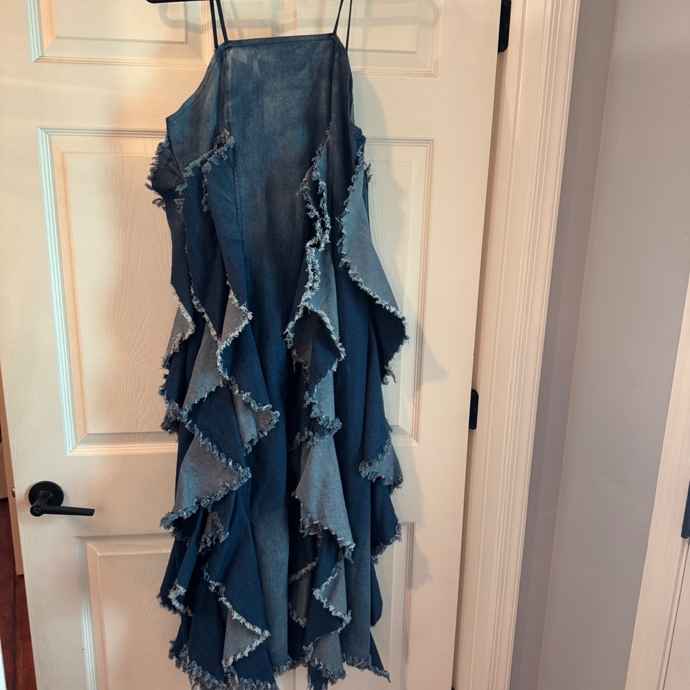 Loragal Ruffle Denim Maxi Dress Women XL Blue Frayed  Spaghetti Strap